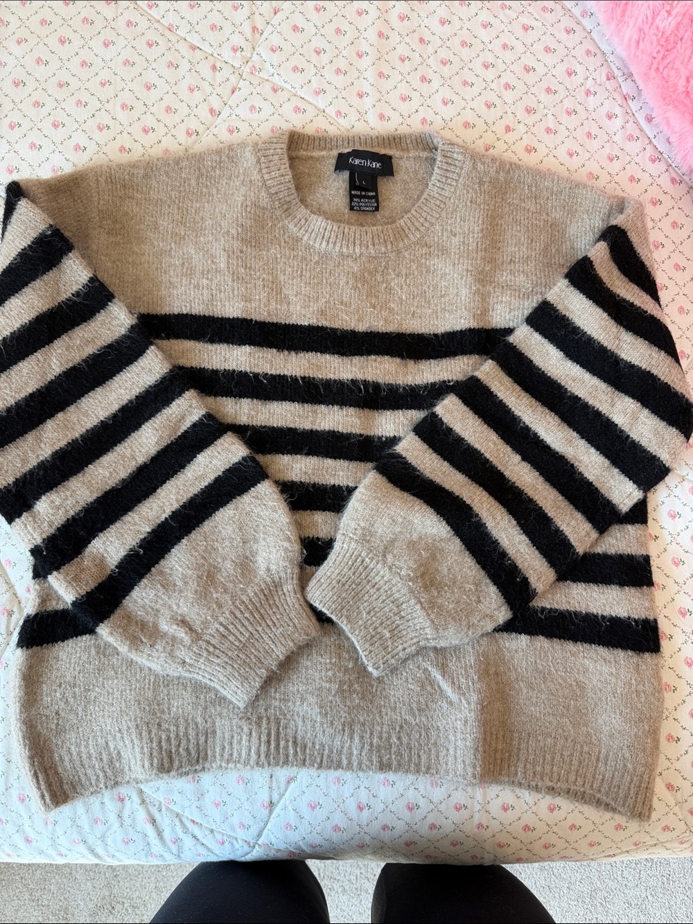 Karen Kane Beige and Black Striped Crew Sweater